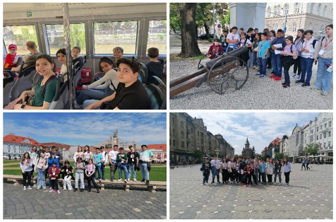 Collage di 4 foto di un gruppo di studenti durante il viaggio in Romania.