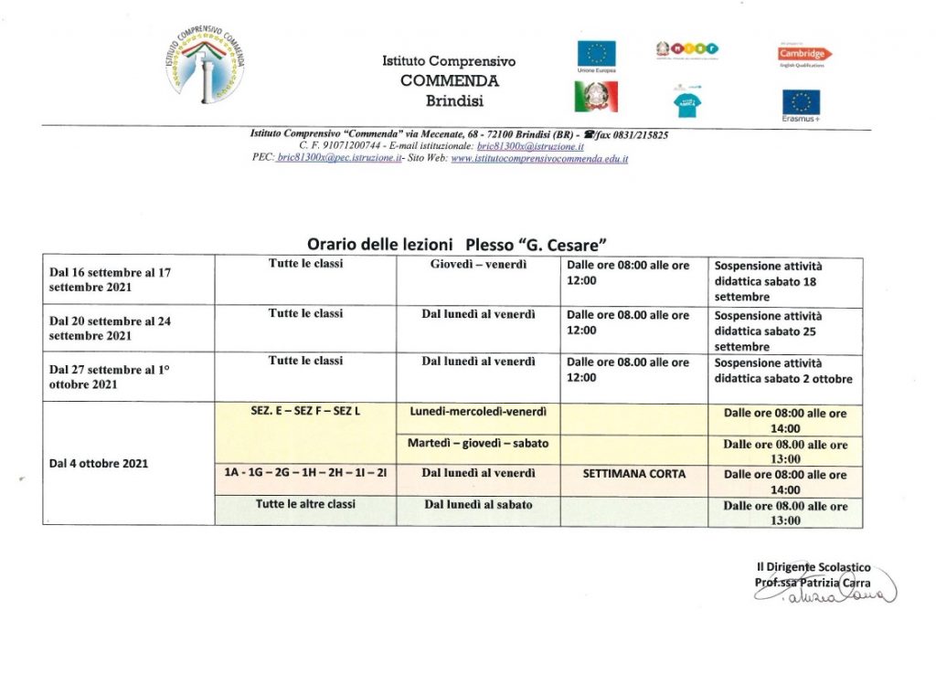 Prospetto degli orari di entarata e uscita delle classi della sc secondaria di I grado