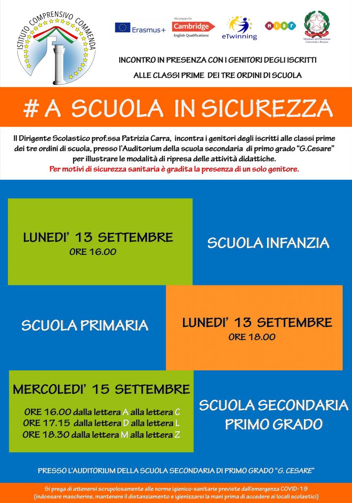 Locandina del calendario degli incontri del DS con i genitori