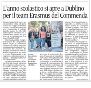 articolo di giornale con titolo "L'anno scolastico si apre a Dublino per il team Erasmus del Commenda"