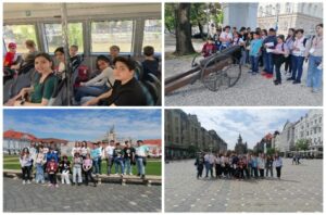 Collage di 4 foto di studenti durante il viaggio in Romania.