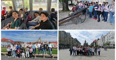 Collage di 4 foto di un gruppo di studenti durante il viaggio in Romania.