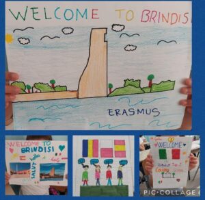 Collage di disegni tra cui il Monumento al marinaio di Brindisi con la scritta Welcome to Brindisi